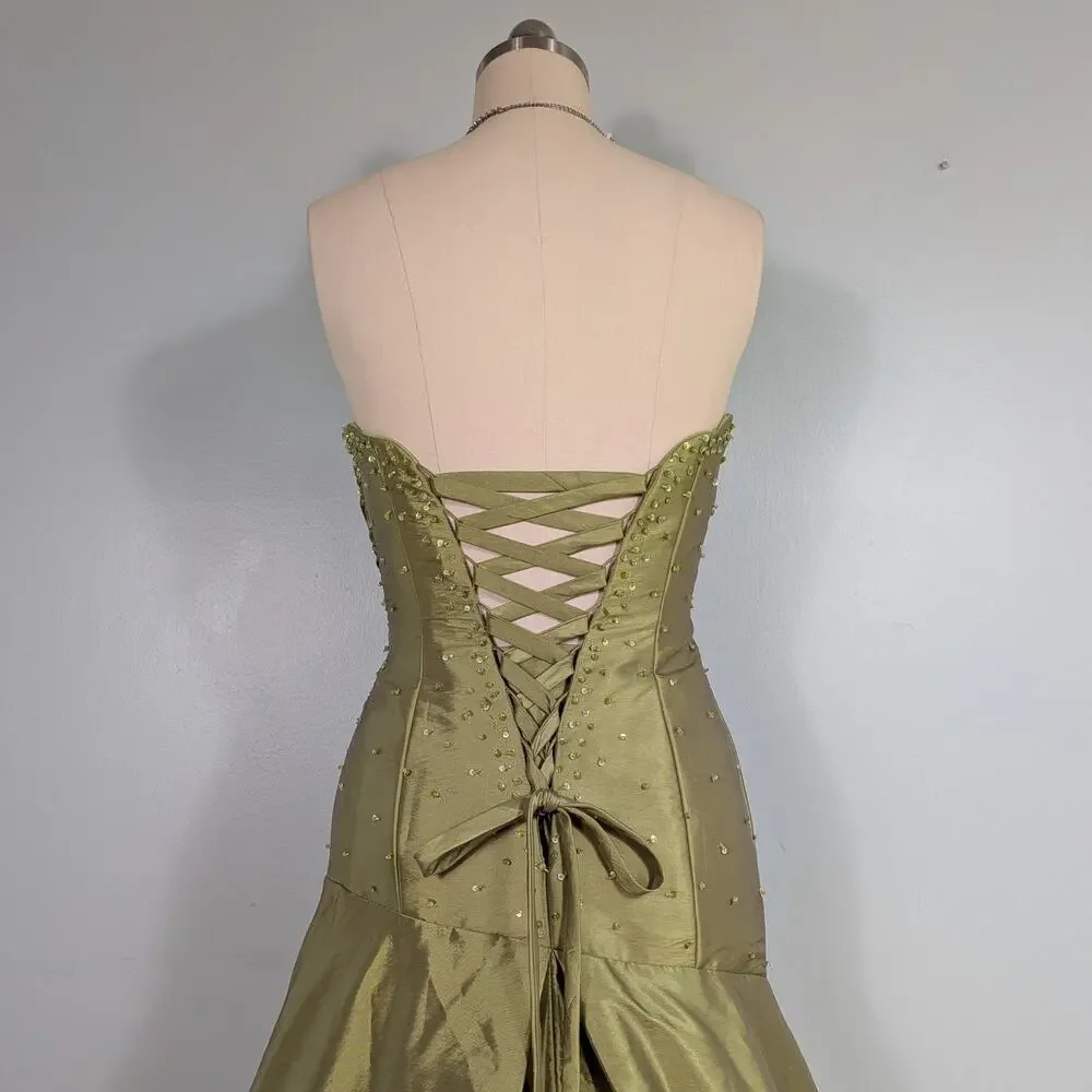 Mori Lee Prom Dress Maxi Gown 10 Green Strapless Corset Mermaid Bead Y2K Olive - Picture 7 of 16